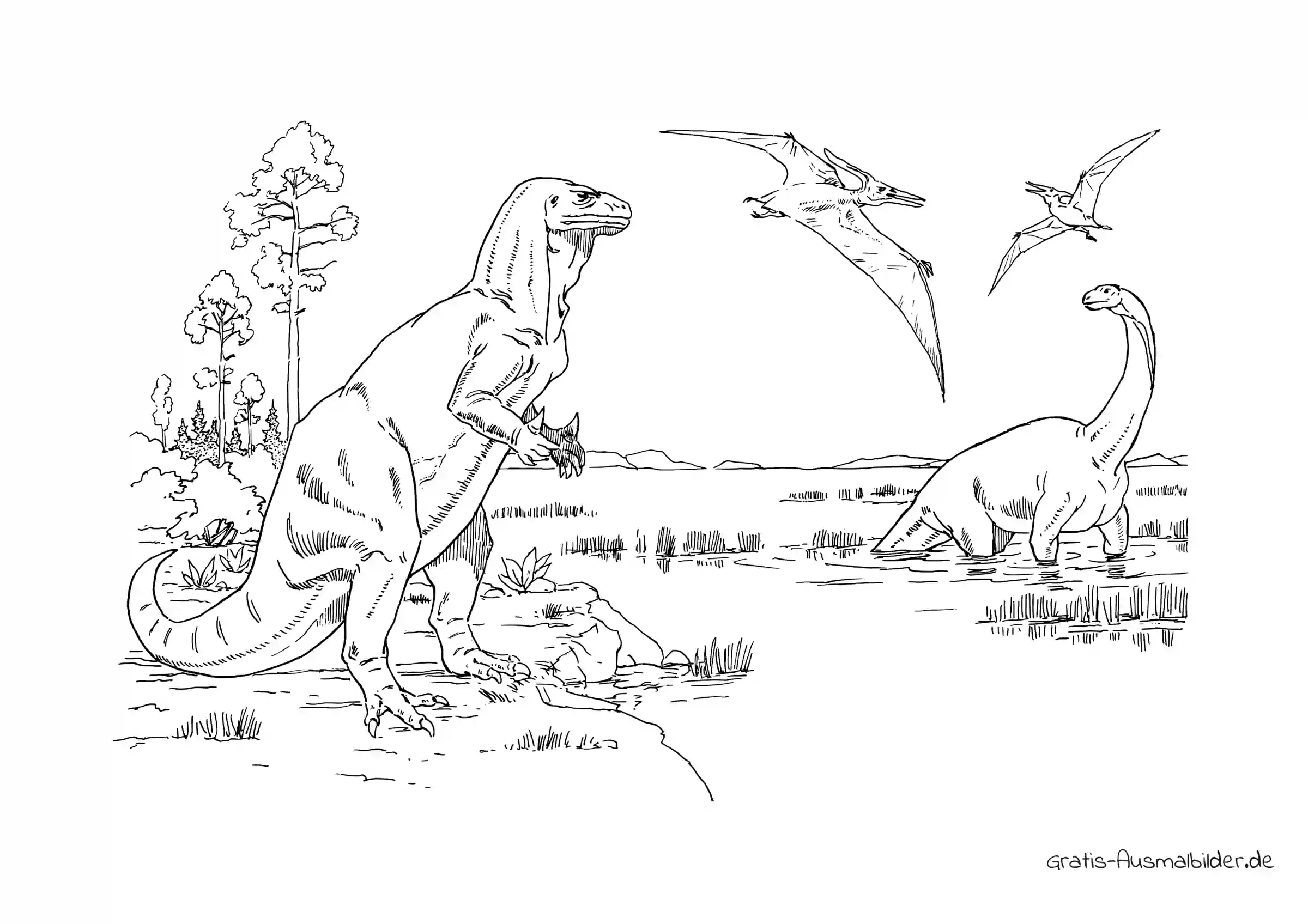 Ausmalbild T Rex mit Flugsauriern